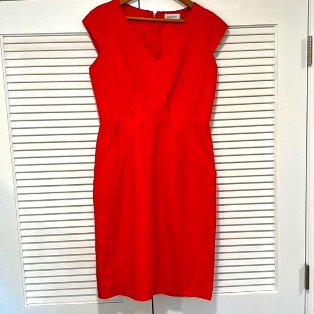 NWOT Calvin Klein Orange Linen Pleated Sheath Dress